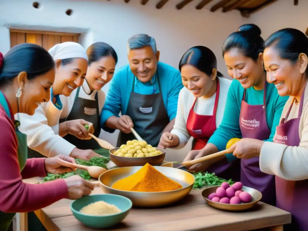 Talleres de cocina con papas peruanas: Grupo diverso disfruta cocinando en un vibrante taller culinario