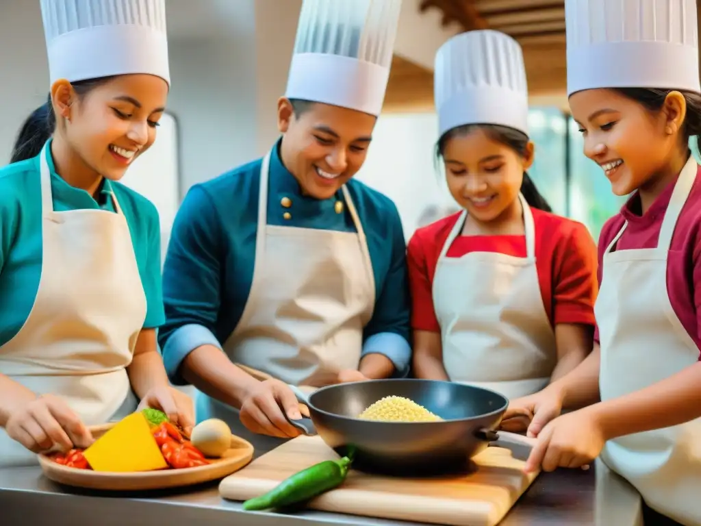 Workshop culinario en Perú: niños cocinando con entusiasmo Talleres de cocina peruana infantil: Niños aprendiendo y disfrutando en un taller culinario lleno de color y diversión