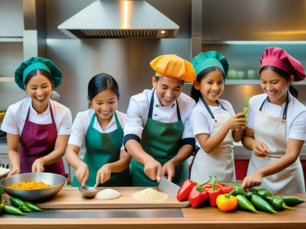 Divertida clase de cocina peruana para niños: ¡aprendiendo entre fogones! Talleres de cocina peruana infantil: Niños disfrutan cocinando con entusiasmo en un taller culinario lleno de color y sabor