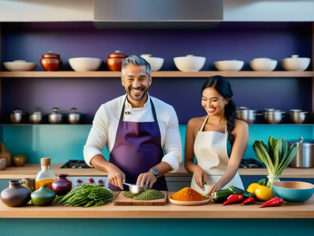 Talleres de cocina peruana en pareja: Pareja feliz preparando ceviche en cocina moderna llena de ingredientes vibrantes y libros de cocina peruana