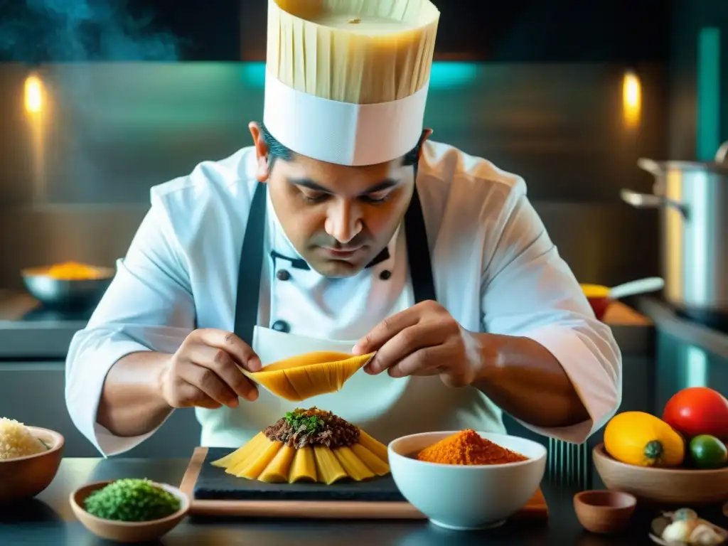 La transformación del tamal peruano: Un chef prepara con maestría una versión moderna en una cocina de vanguardia