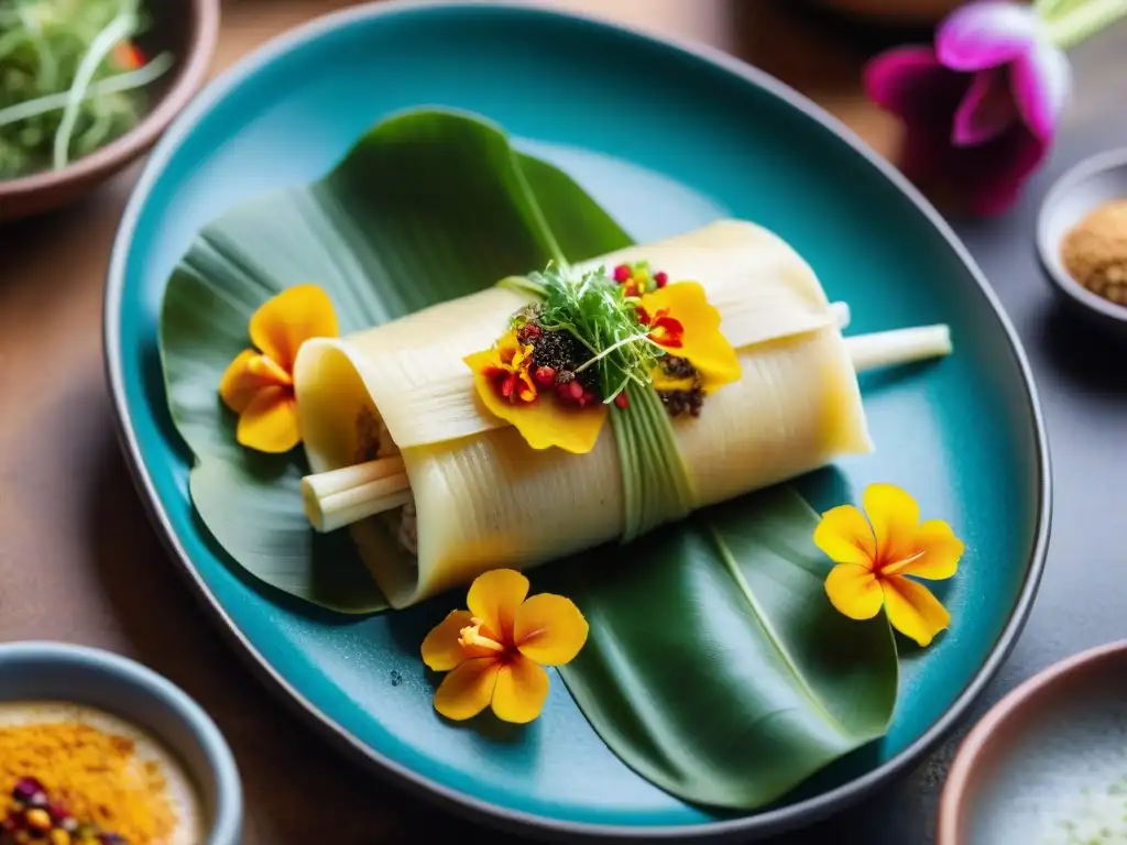 Un tamal peruano exquisitamente decorado con flores comestibles y salsa huancaina, en una presentación artesanal