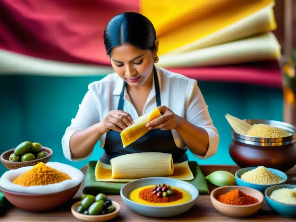 La evolución del tamal peruano tradicional: una mujer peruana experta preparando un tamal con ingredientes coloridos y textiles tradicionales de fondo