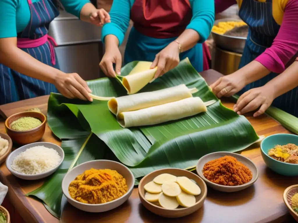 Evolución del tamal peruano tradicional: Mujeres preparando tamales en una cocina tradicional peruana, rodeadas de ingredientes coloridos