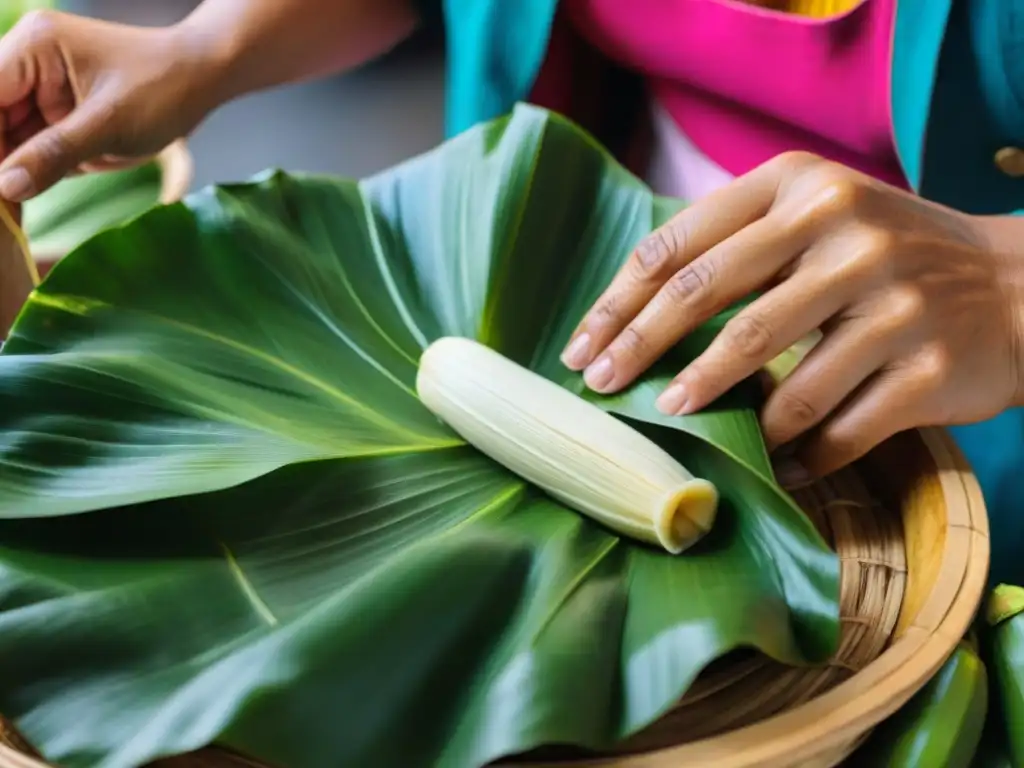 Un tamalero peruano experto, con habilidosas manos, elabora tamales en un bullicioso mercado