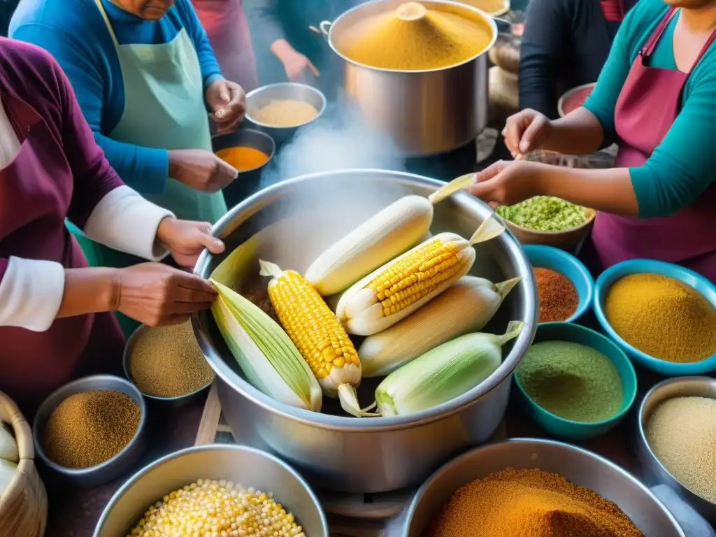 Un tamalero peruano experto en un mercado bullicioso, creando tamales tradicionales