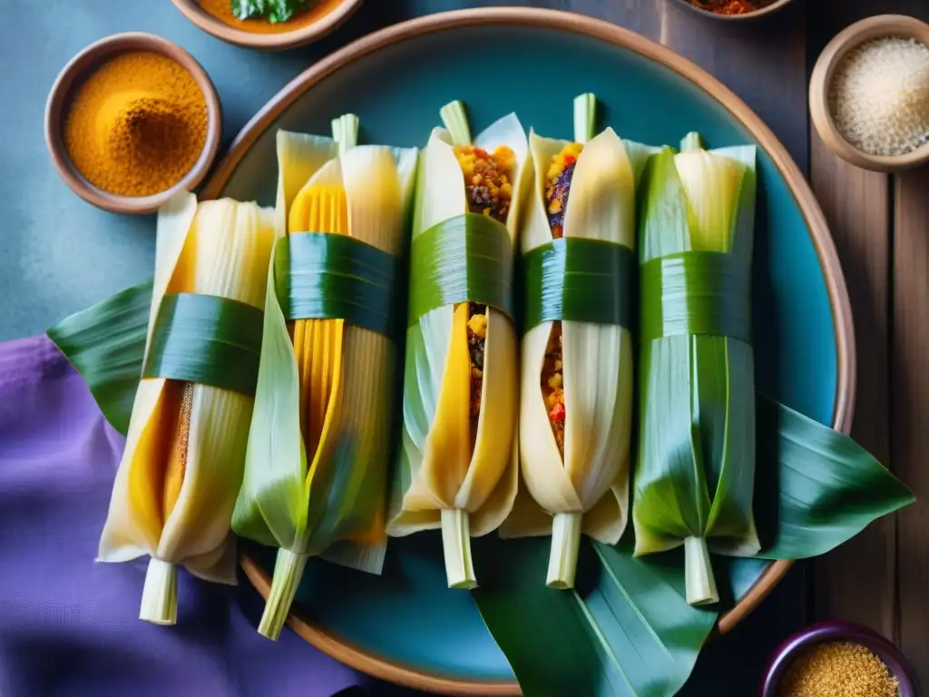 Tamales peruanos: diversidad y sabor en una mesa rústica, con colores, texturas y ingredientes vibrantes