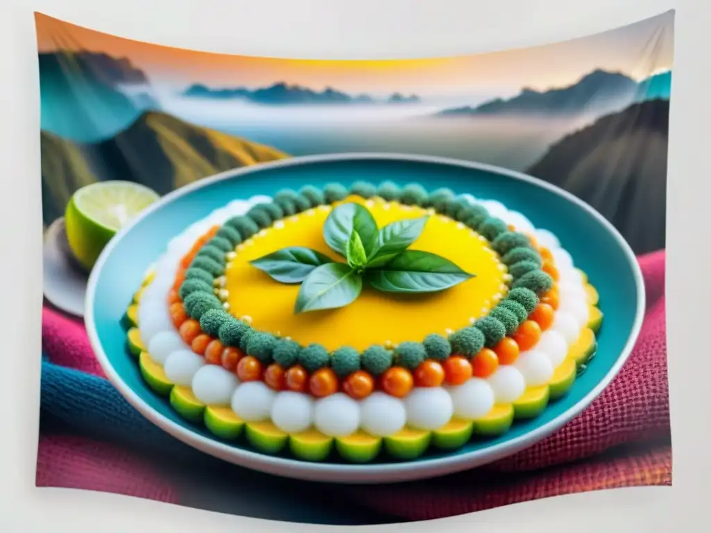 Un tapiz peruano detalla la historia y receta de causa limeña con colores vibrantes y detalles intrincados