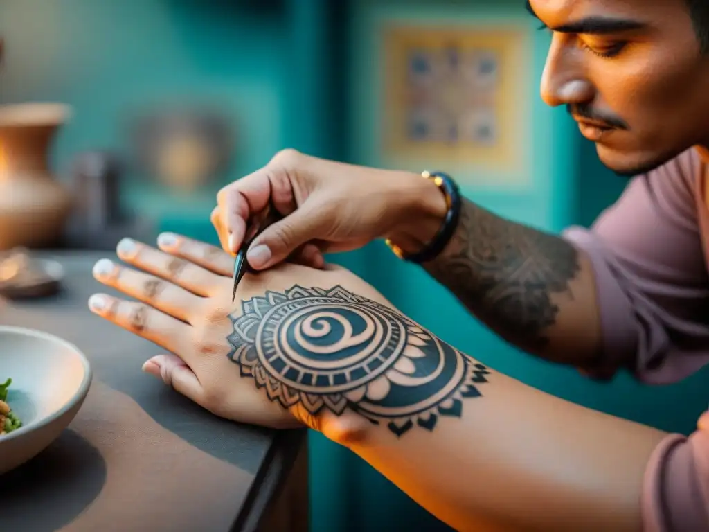 Un tatuador experto crea un diseño detallado de ceviche en un brazo, fusionando la gastronomía peruana con el arte de los tatuajes