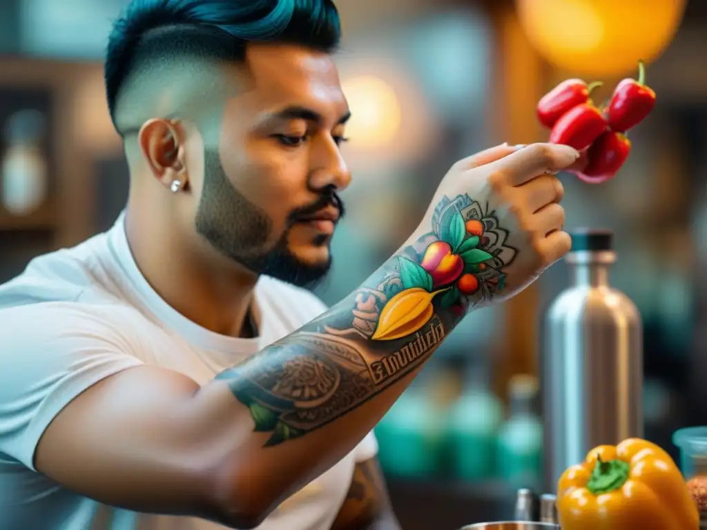 Un tatuador experto crea un diseño de gastronomía peruana detallado en el brazo de un cliente, fusionando arte y cultura