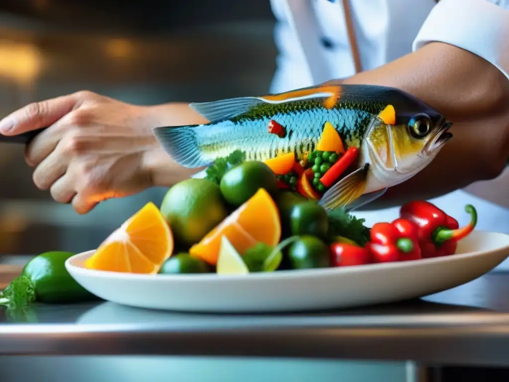 Un tatuaje detallado de un chef preparando ceviche peruano, destacando la pasión por la gastronomía peruana en un diseño excepcional