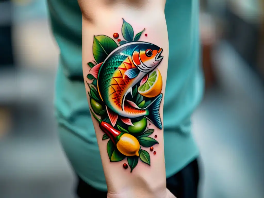 Un tatuaje vibrante de ceviche peruano en un antebrazo, fusionando gastronomía y diseño de forma detallada