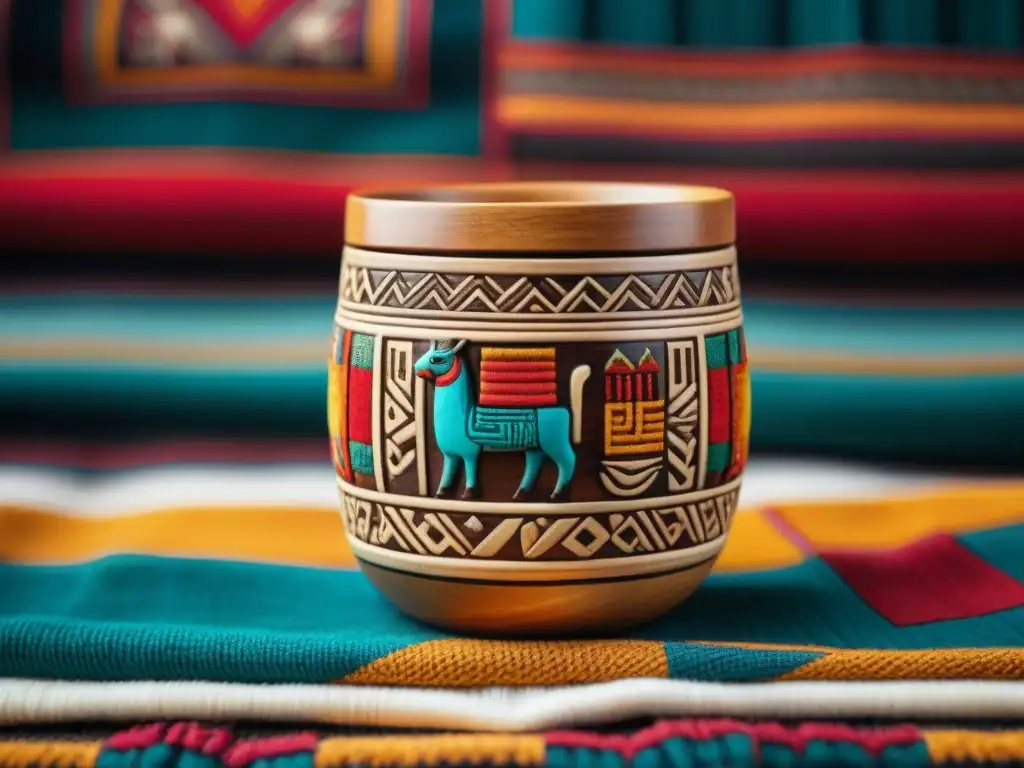 Taza de mate burilado sobre mesa peruana, resaltando la artesanía y cultura incaica