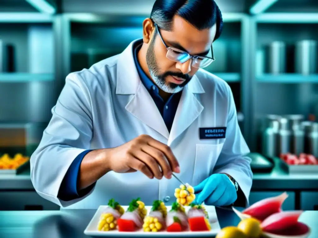 Un técnico de laboratorio calibra con precisión un dispositivo de sensor de sabor de alta tecnología, mostrando datos e ingredientes relacionados con el ceviche