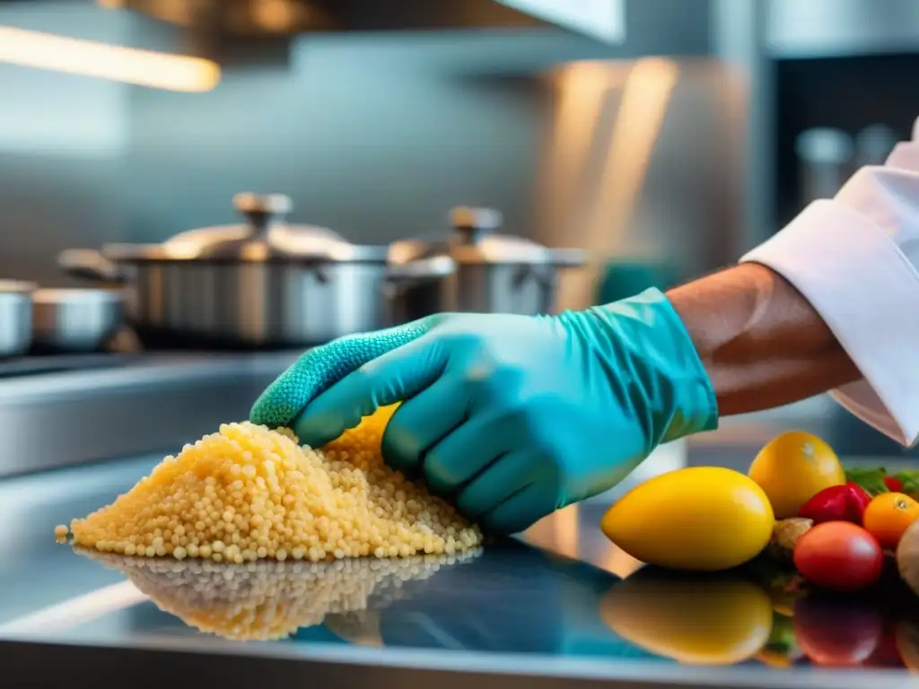 Innovación tecnológica en cocina peruana: Chef con guantes de alta precisión manipula ingredientes peruanos en cocina moderna