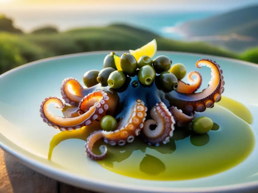 Delicado tentáculo de pulpo sobre aceitunas frescas Un tentáculo de pulpo fresco sobre aceitunas verdes, brillando con aceite de oliva al amanecer en la costa peruana