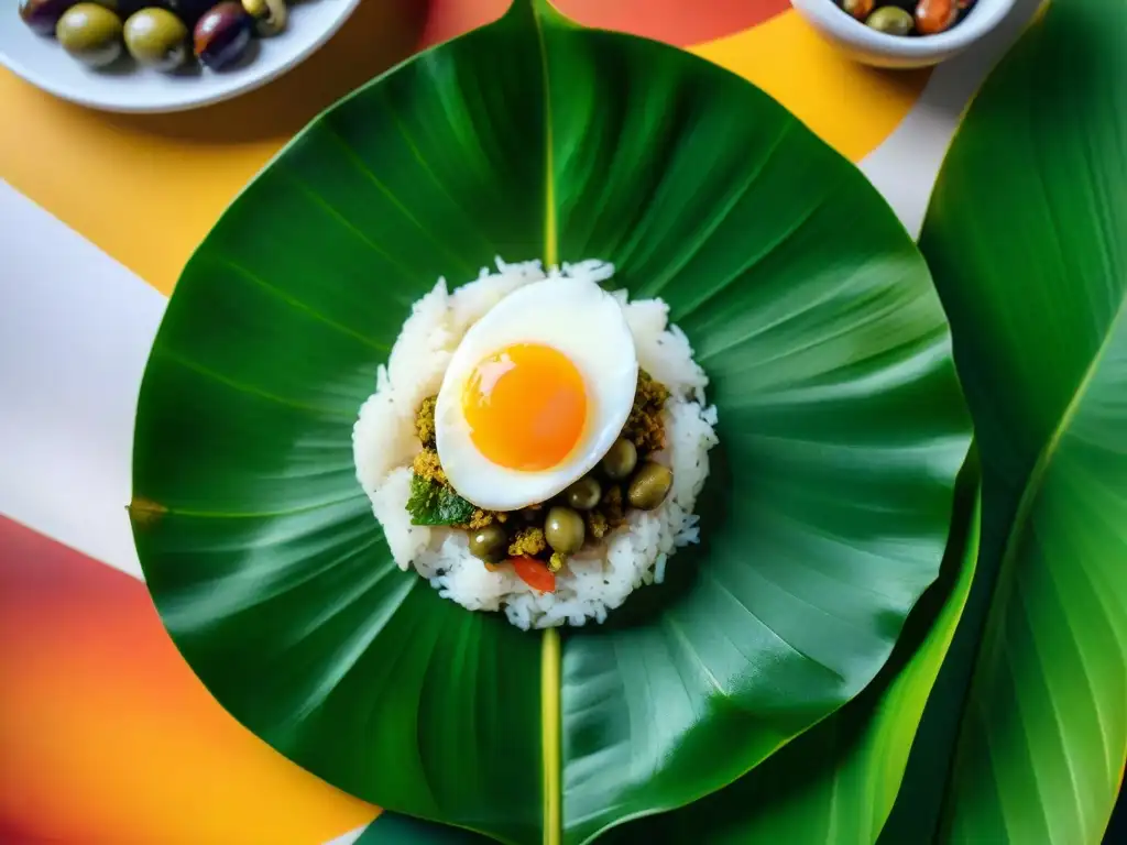 Tesoro culinario cocina amazónica: Juane peruano en hoja de plátano, rodeado de ingredientes coloridos, en la exuberante selva amazónica