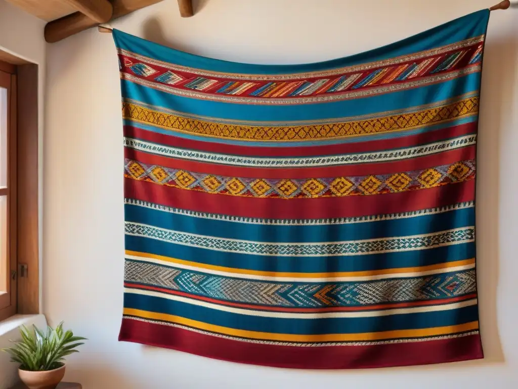 Decoración con textiles andinos en cocina: Detalle de un tapiz peruano en una pared rústica, iluminado por el sol