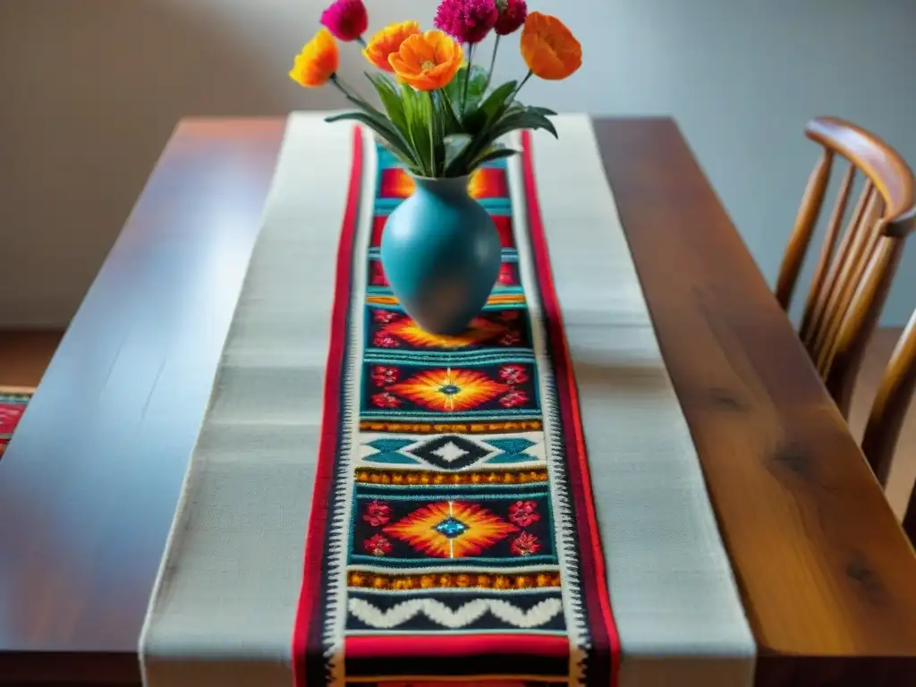 Decoración con textiles andinos en cocina: Detalle de un mantel tradicional andino sobre una mesa de madera en una luminosa sala de comedor