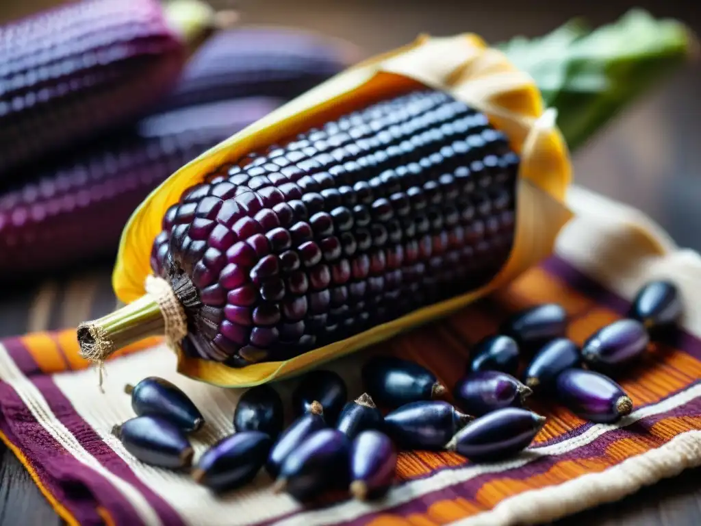 Textura detallada de mazorca de maíz morado sobre textiles peruanos, evocando la receta chicha morada auténtica