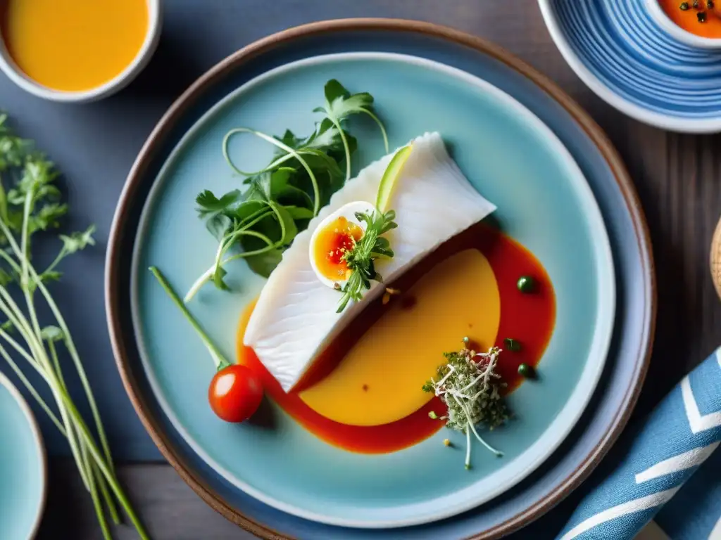 Tiradito peruano: plato de pescado fresco con salsa de rocoto y cancha Tiradito peruano platos marinos: exquisito plato de pescado blanco en salsa de rocoto, cancha y microgreens