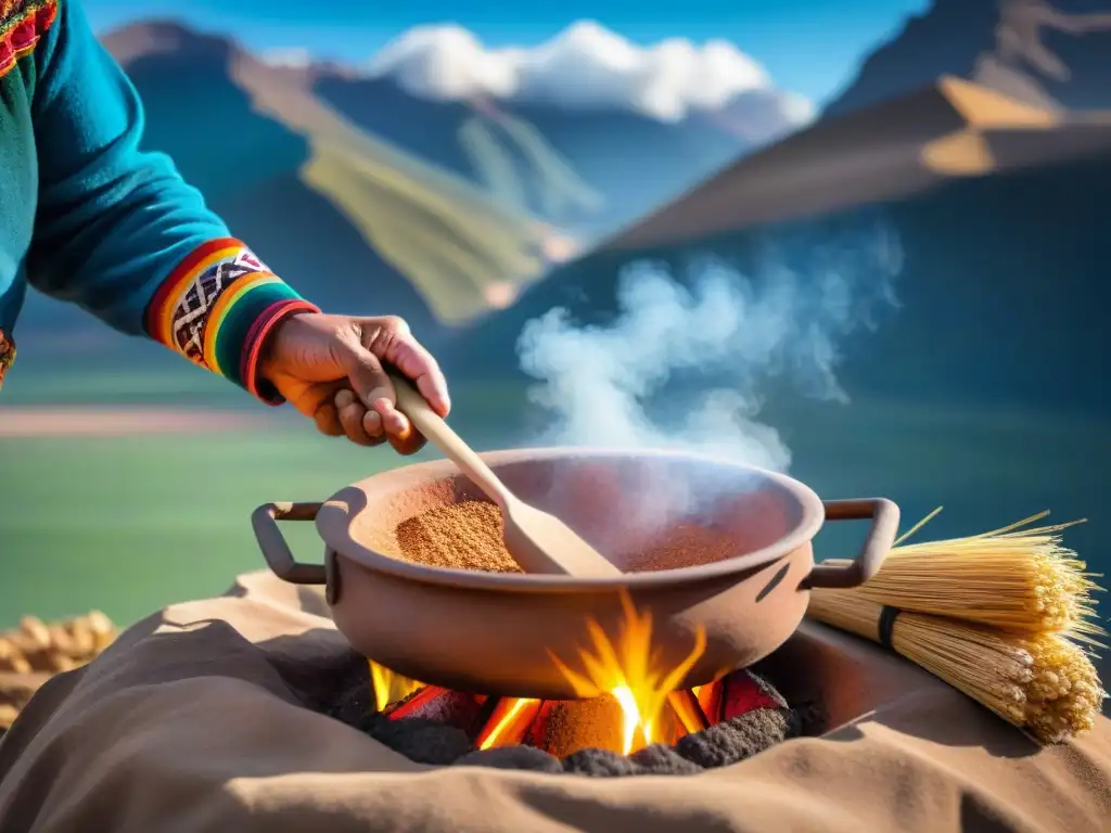 Un tostador de granos andino tradicional en un paisaje montañoso impresionante