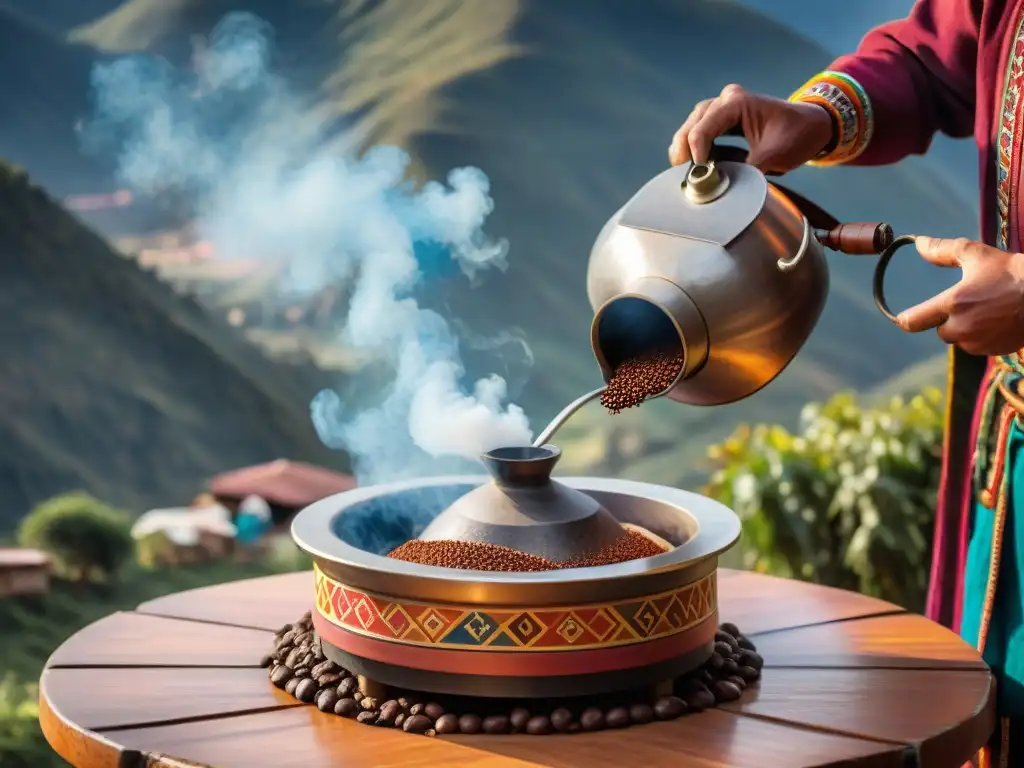 Un tostador de granos andino tradicional en acción, rodeado de la impresionante cordillera andina