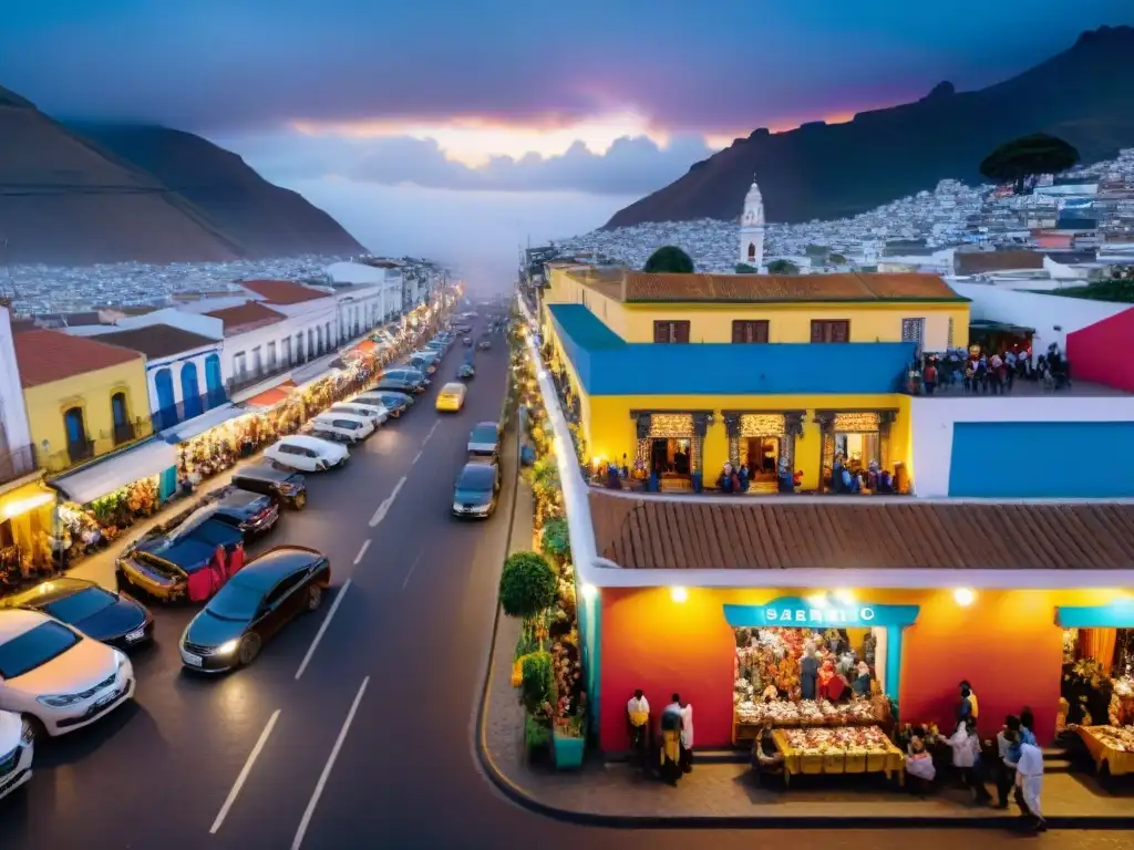 Explora el tour gastronómico Barranco Perú culinaria en una vibrante calle al anochecer, mostrando arte callejero y arquitectura tradicional