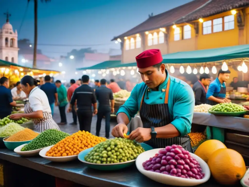 Tour gastronómico Lima nocturno: Mercado bullicioso con chef preparando ceviche y clientes entusiasmados bajo luces de la calle