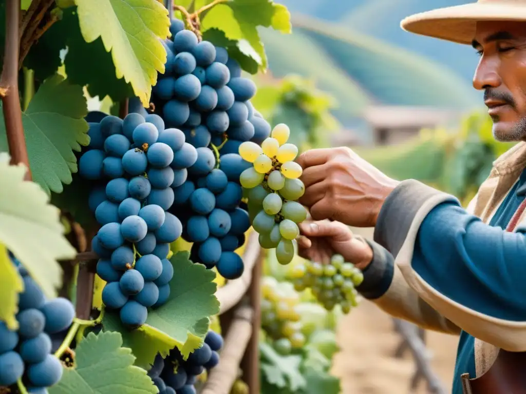 Un trabajador de una bodega peruana seleccionando uvas para el pisco