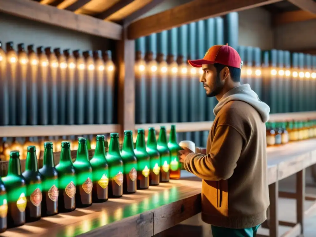 Un trabajador de cervecería peruana inspecciona botellas artesanales con diseños incas vibrantes en un ambiente cálido y tradicional