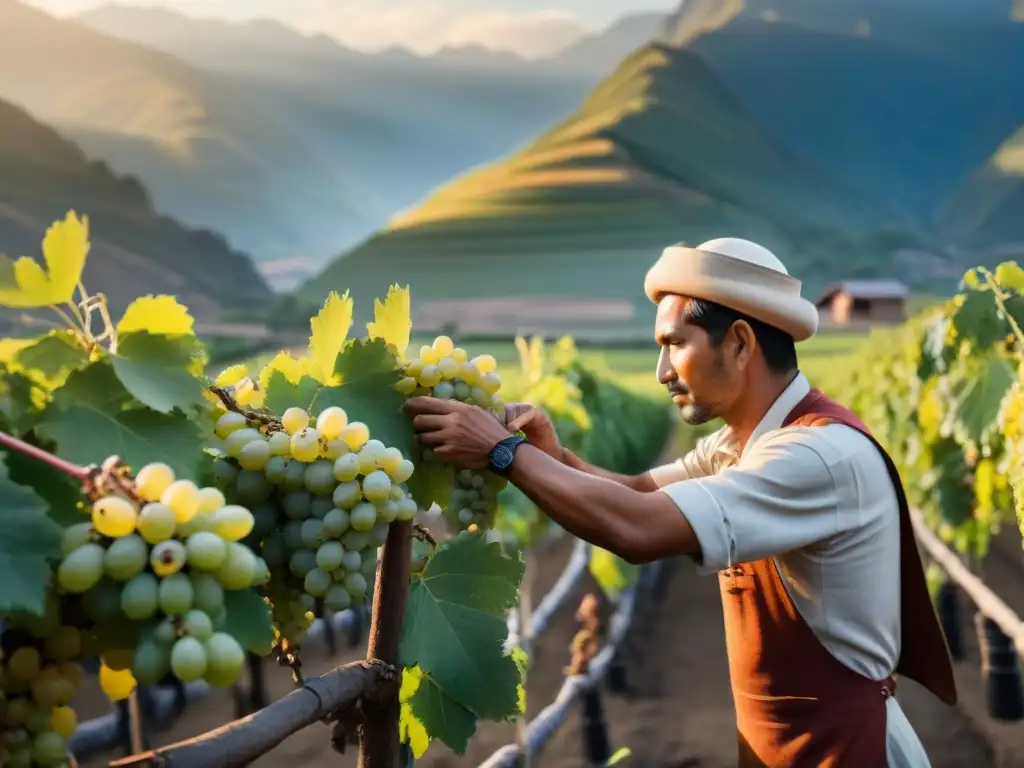 Trabajador de destilería peruana seleccionando uvas de Pisco doradas al atardecer en los Andes, destacando las diferencias Pisco Peruano Aguardiente Chileno