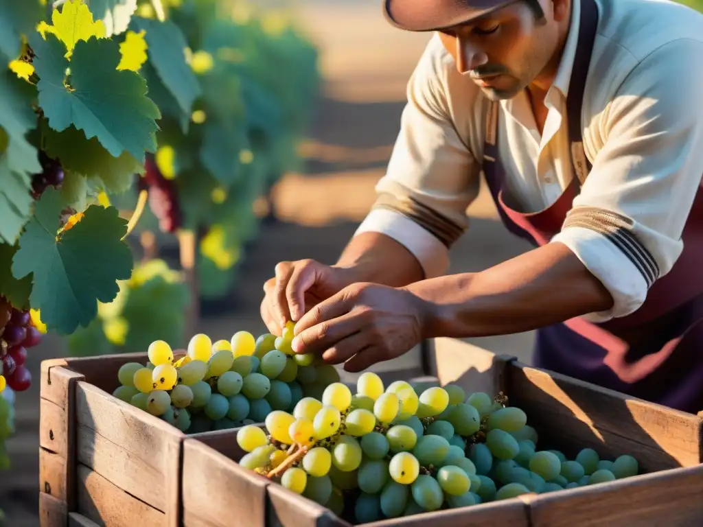 Un trabajador de destilería peruana selecciona uvas bajo el sol