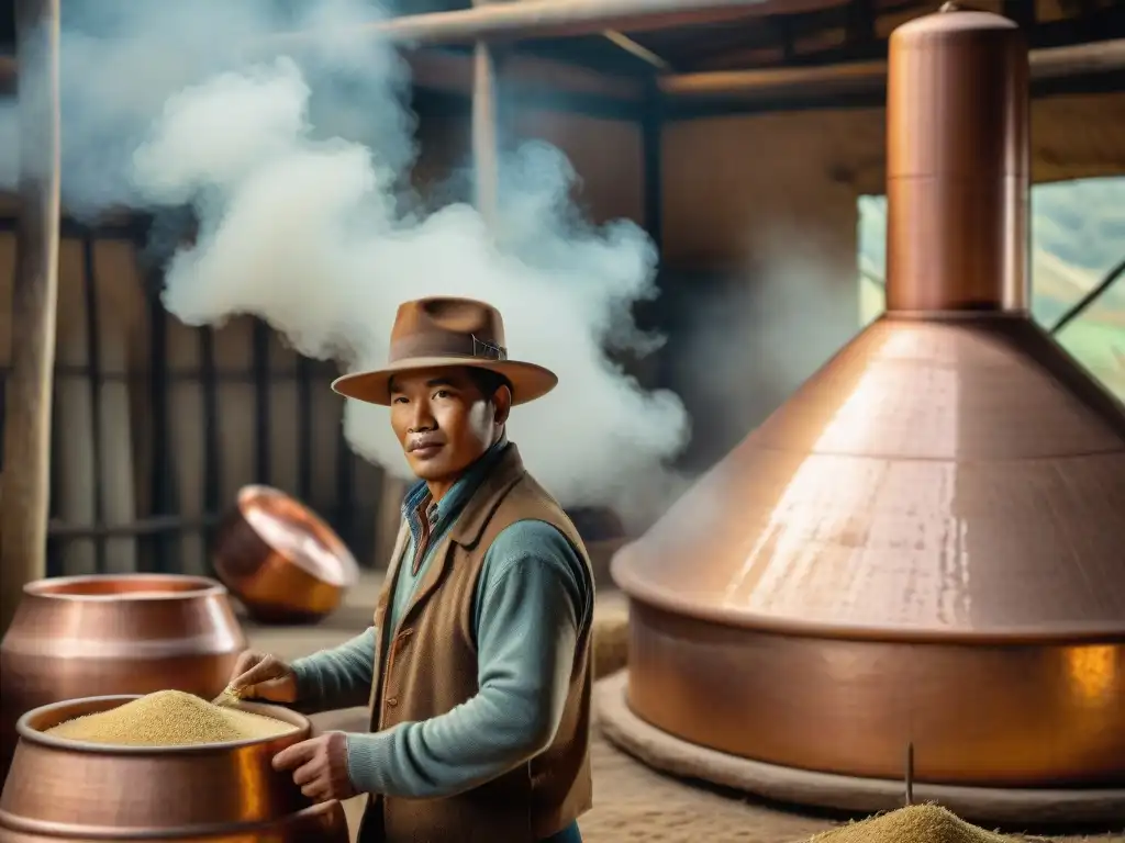 Trabajador peruano elaborando cañazo tradicional en destilería