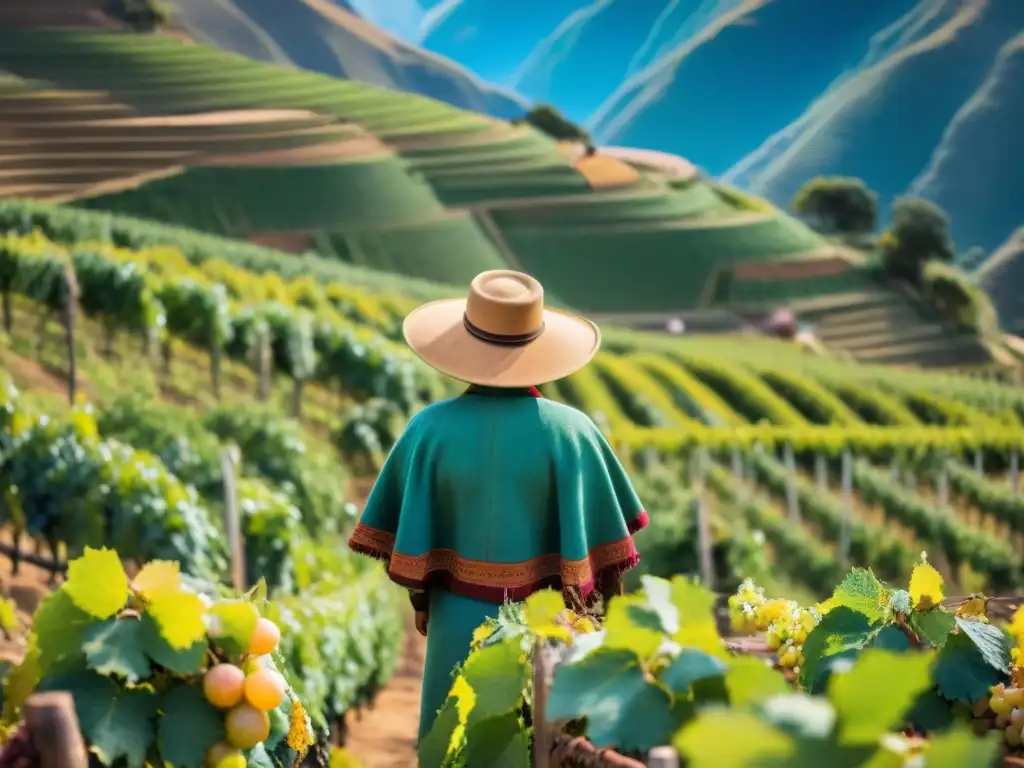 Un trabajador peruano cuida con esmero viñedos en Perú bajo un cielo azul