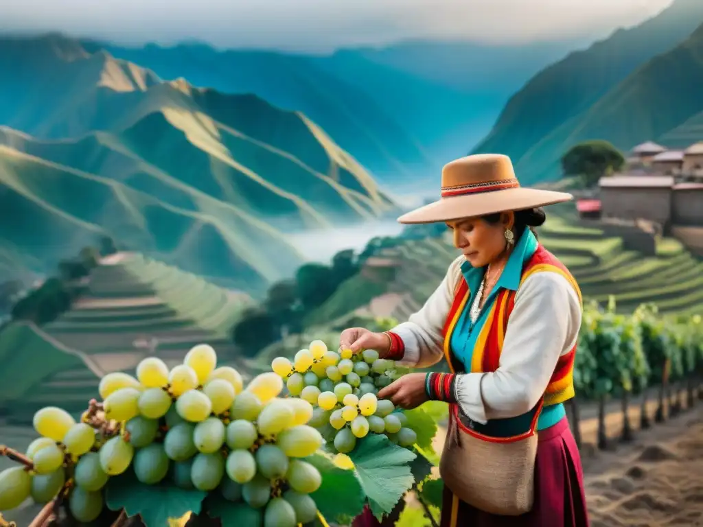 Trabajador de destilería peruano cosechando uvas con las imponentes montañas de los Andes de fondo en el Festival Nacional del Pisco Perú