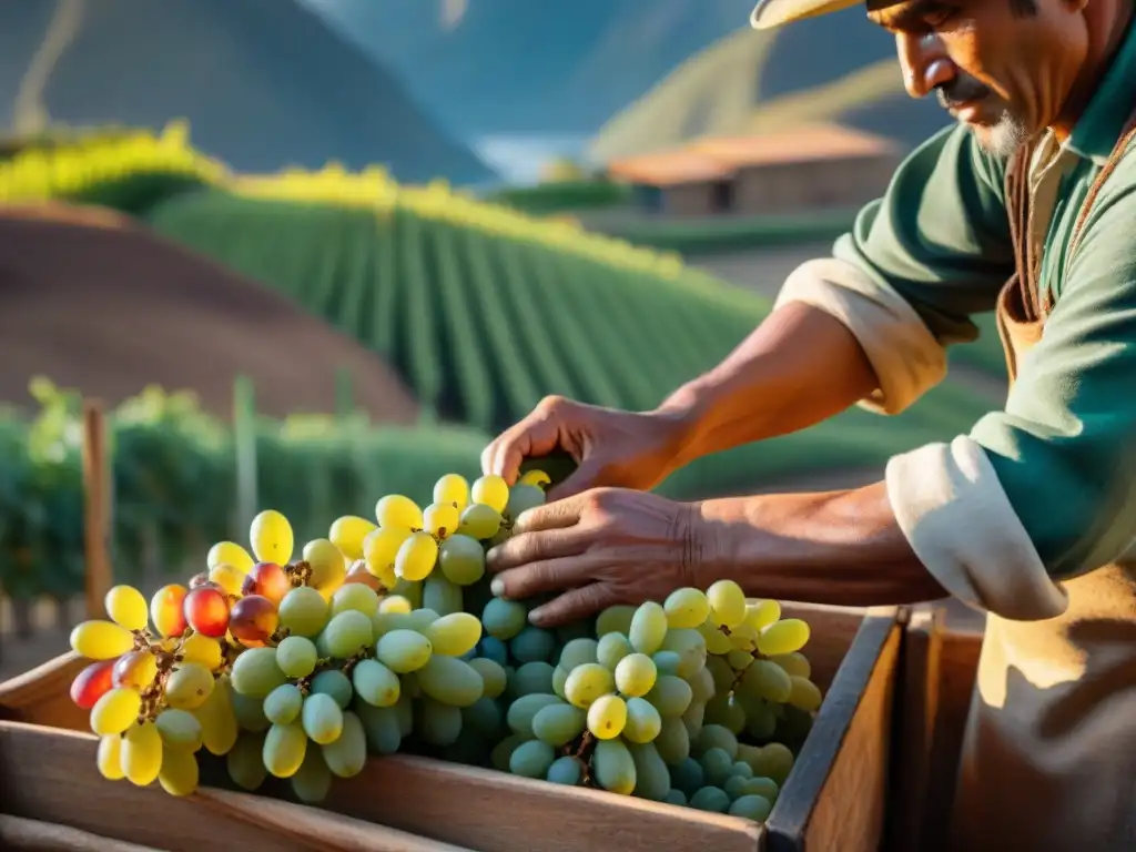 Trabajador de pisco peruano inspeccionando uvas al atardecer, con las manos sobre racimos de uvas vibrantes