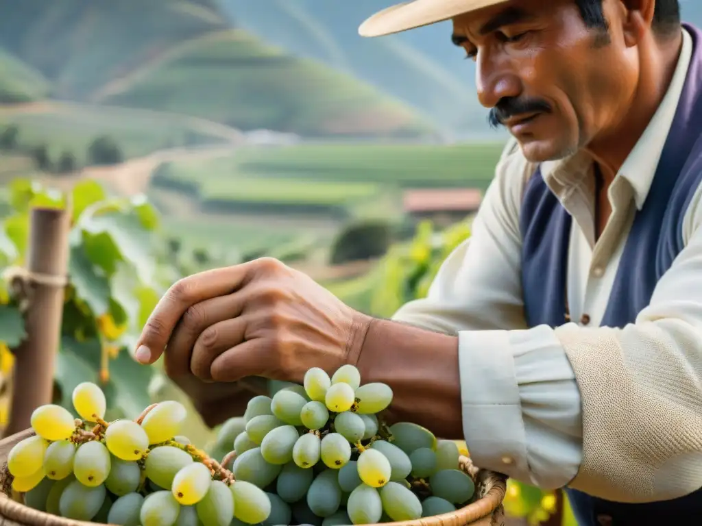 Trabajador de destilería de pisco examinando uvas frescas en viñedo peruano