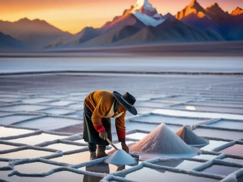 Un trabajador de sal tradicional en las Salinas de Maras, Perú, con llamas y atardecer reflejado en piscinas de sal