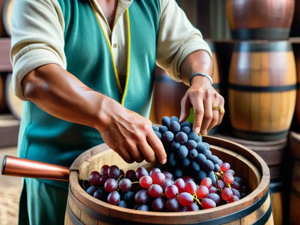 Trabajador seleccionando uvas para maceración pisco, resaltando colores y texturas vibrantes en destilería tradicional peruana