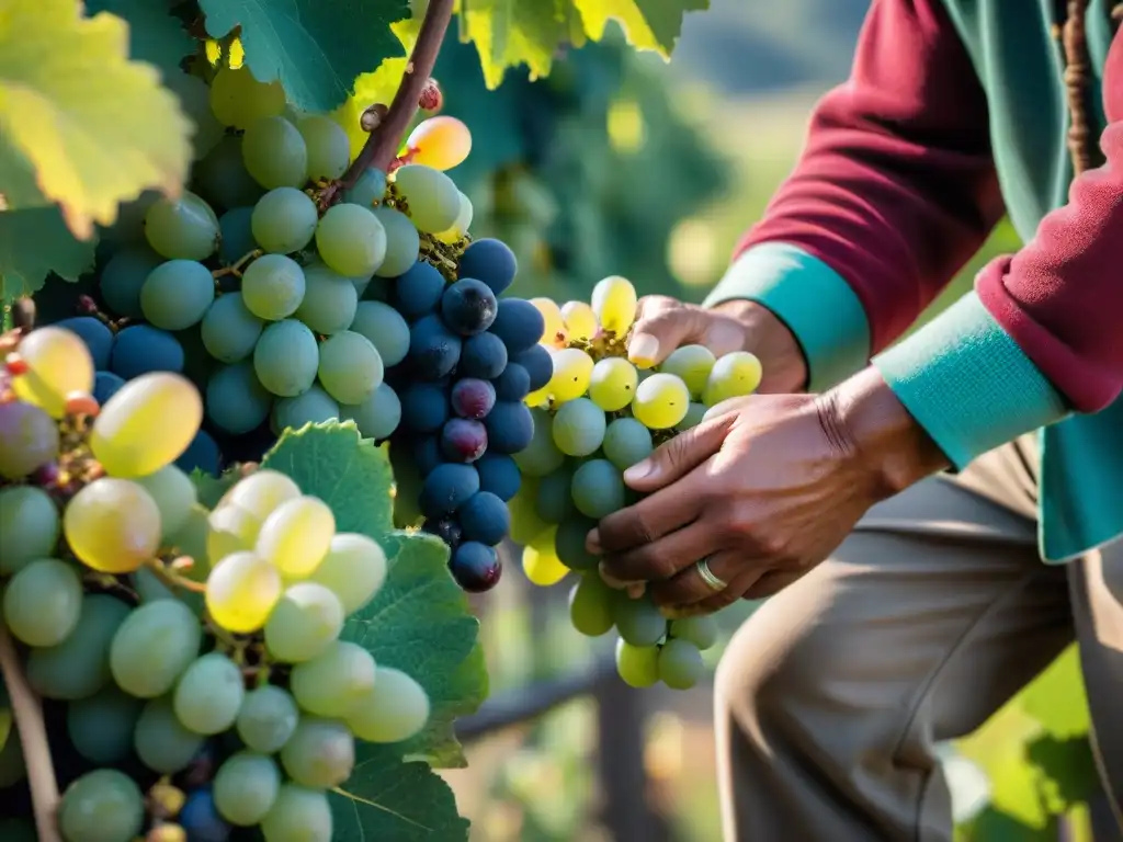 Un trabajador de viñedos peruano cosecha uvas a mano al amanecer, destacando la artesanía en la producción de vinos espumosos peruanos autóctonos