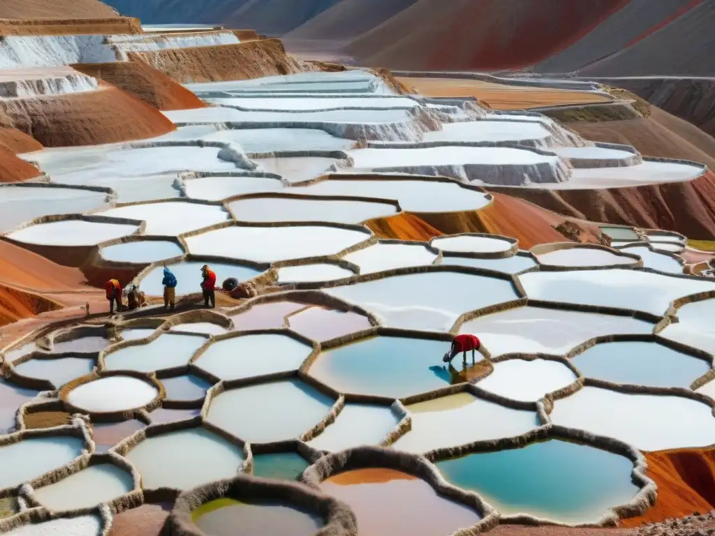 Trabajadores locales en trajes tradicionales, experimentando con la sal de Maras en terrazas blancas y tierra rojiza, con los Andes de fondo