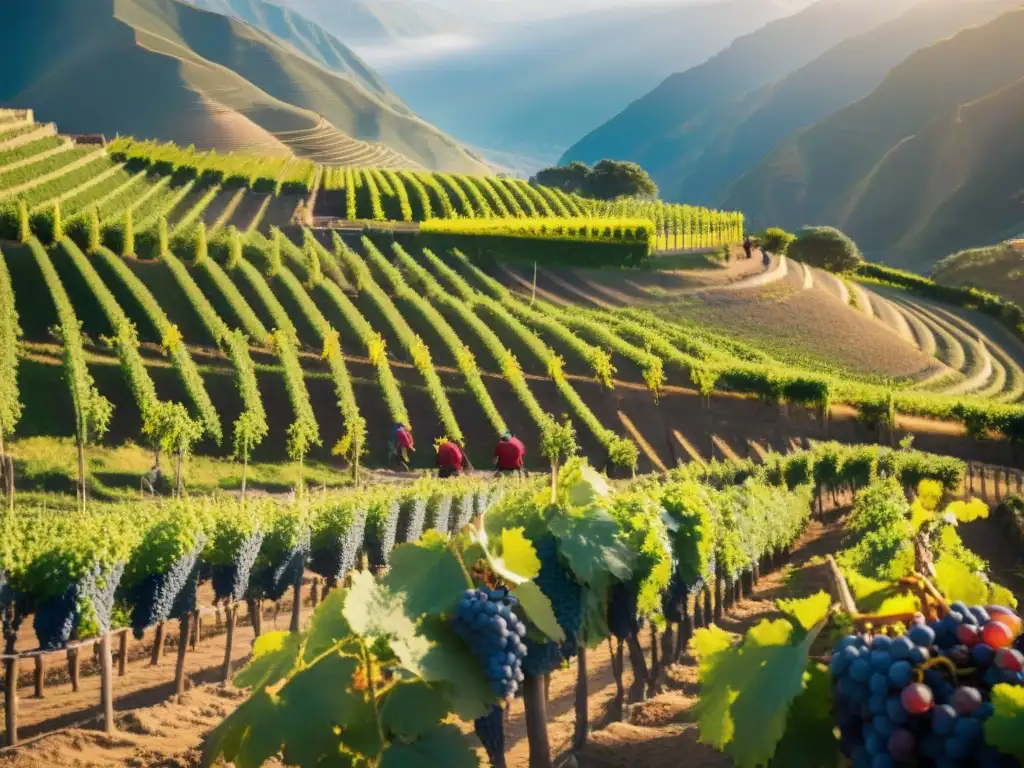 Trabajadores locales cosechando uvas en viñedos peruanos