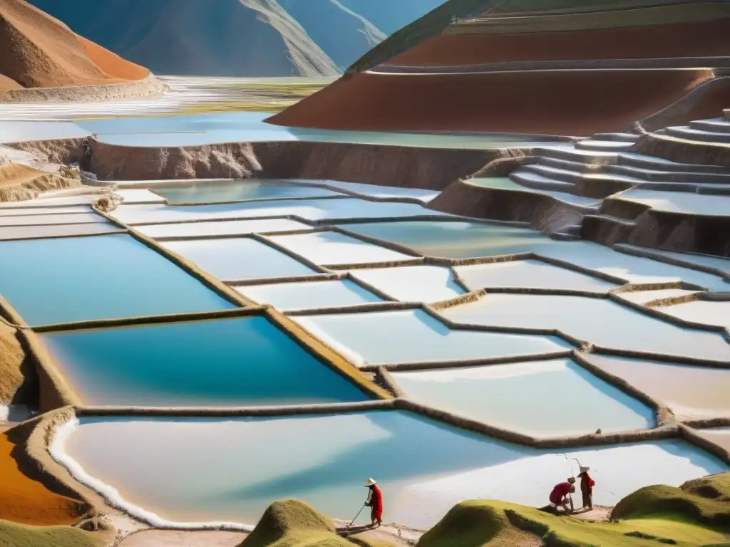 Trabajadores en Maras cosechando la Sal de Maras en cocina, entre terrazas blancas y paisaje natural