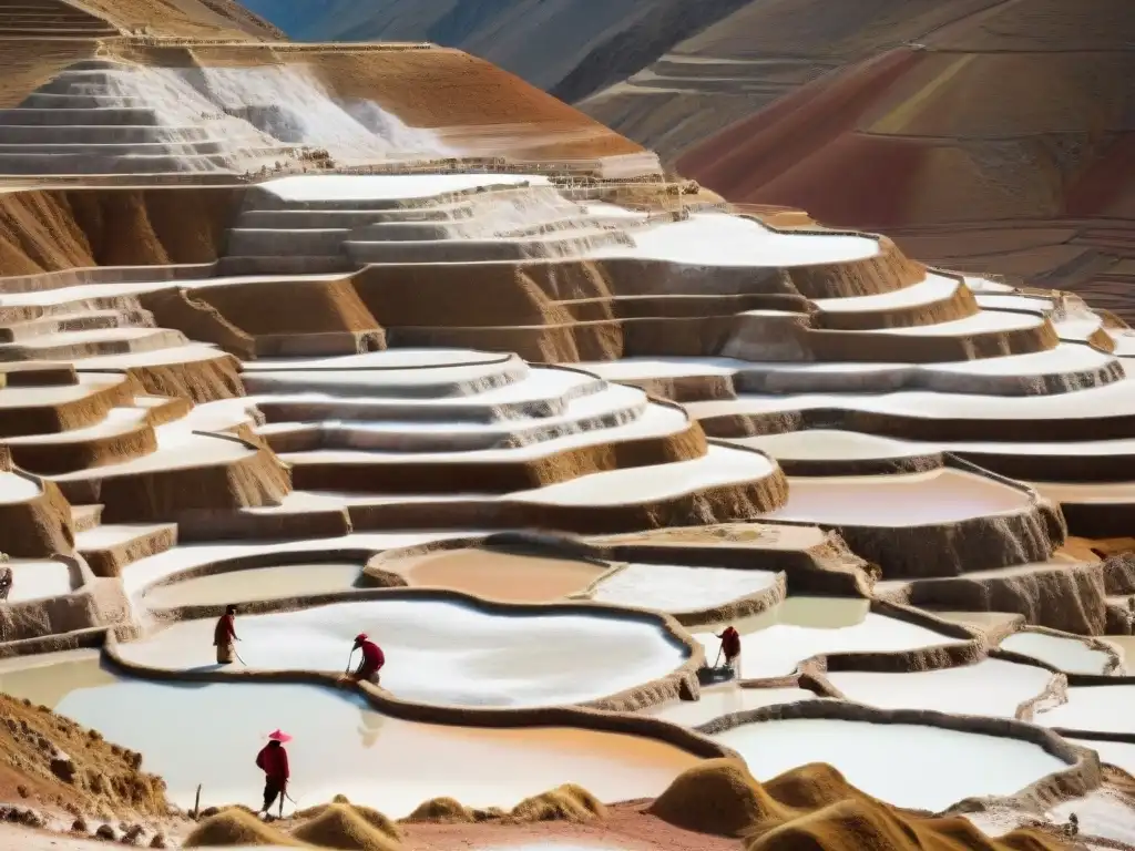 Trabajadores en Maras experimentando con la sal de Maras bajo el sol andino, entre terrazas de sal y tierra rojiza