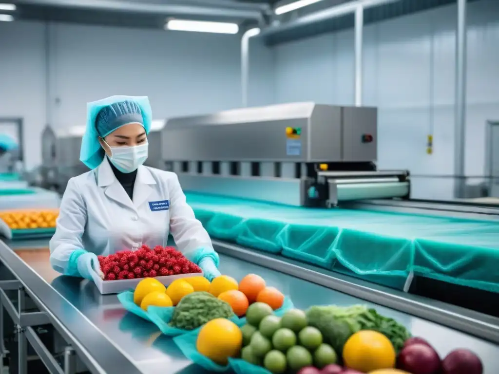 Trabajadores peruanos envasando frutas y verduras con tecnología de vanguardia en la industria alimentaria