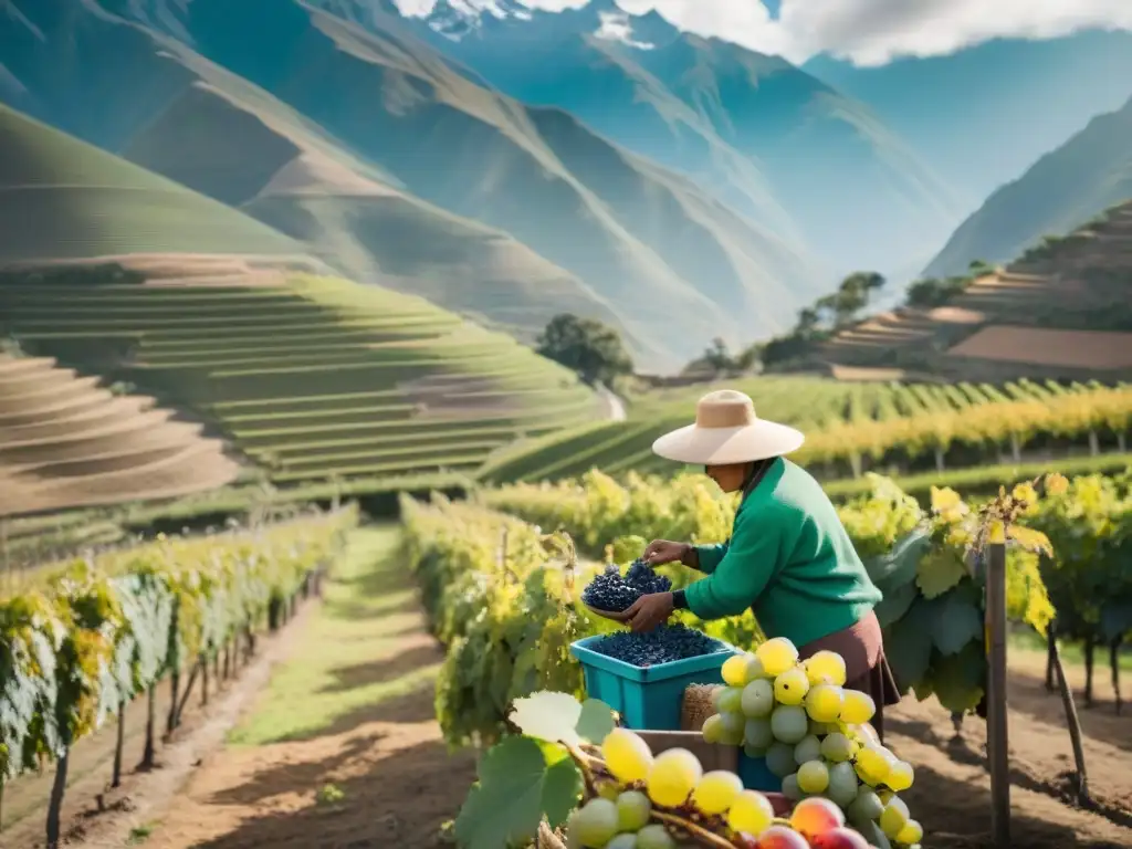 Trabajadores peruanos en viñedo seleccionando uvas para Comercio Justo Vino Pisco Perú