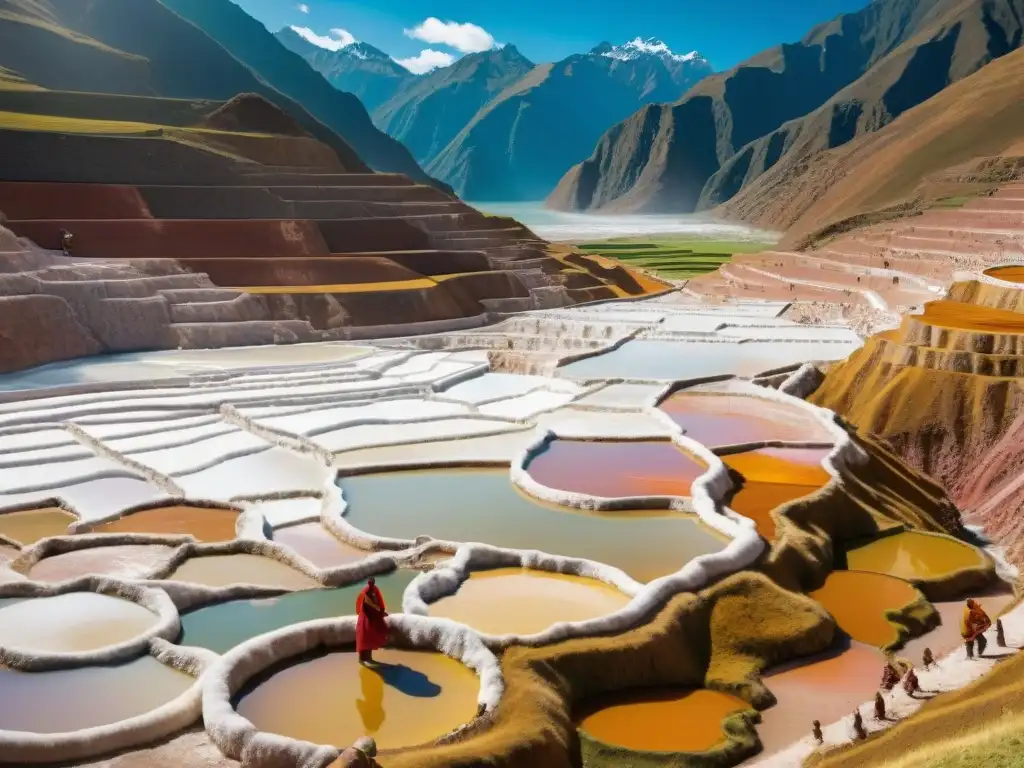 Trabajadores cosechando sal en las minas de Maras, Perú