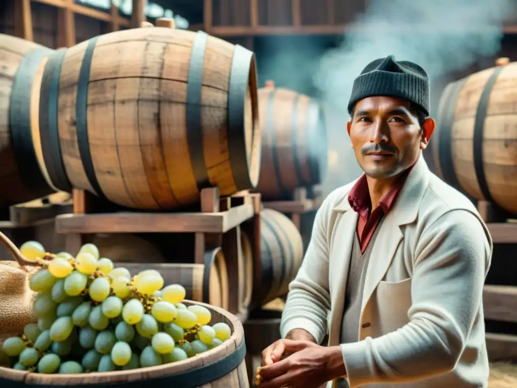 Trabajadores seleccionando uvas para Chilcano de Pisco tradicional Peru, escena artesanal y colorida