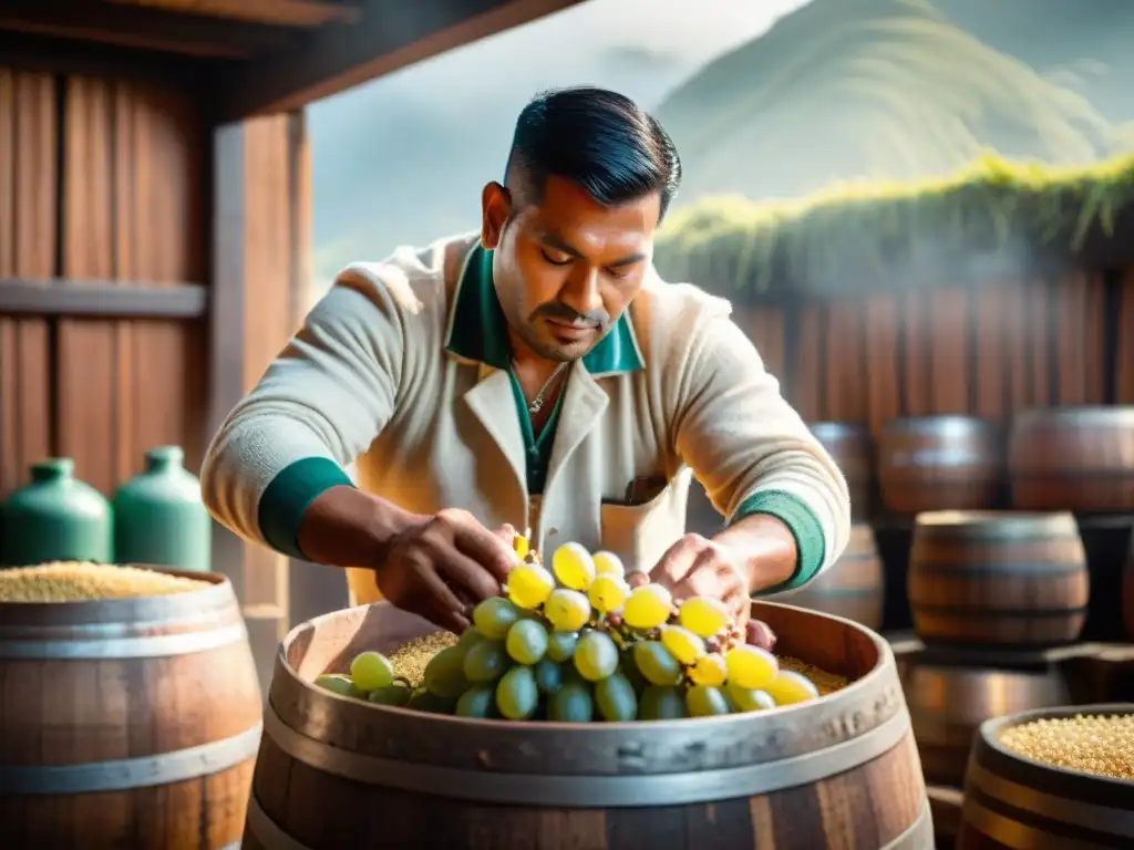 Trabajadores cosechando uvas para la producción de Pisco, con alambiques de cobre y barriles de madera